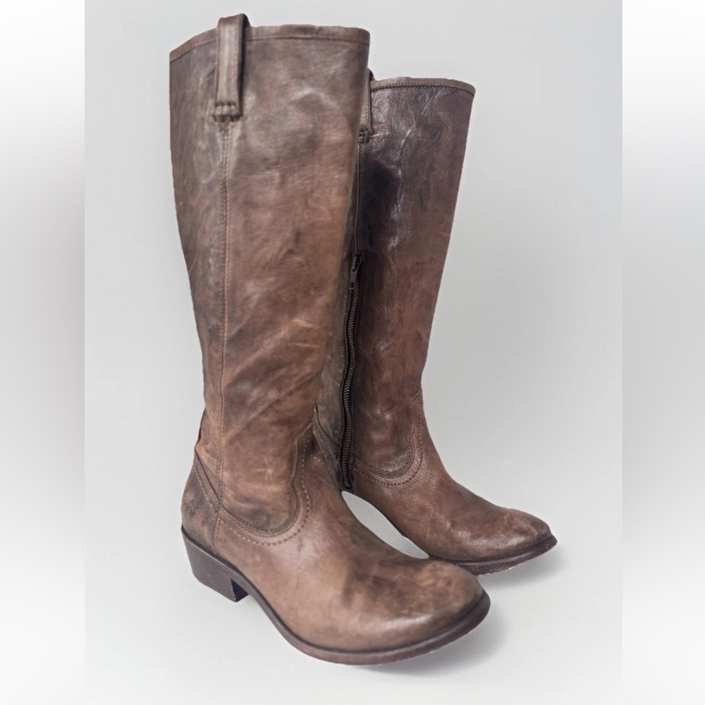 Frye Carson Dark Brown Leather Zip Tall Equestrian Riding Style Boots Size 7